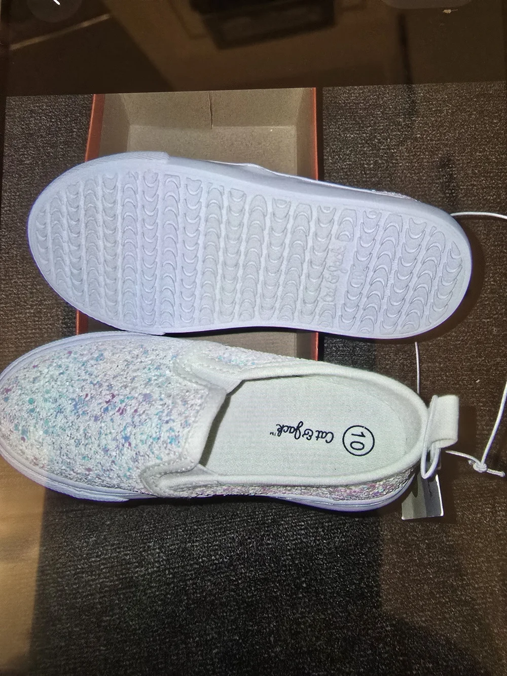 Cat & Jack Girls' White Slip-On Sneakers with Teal & Purple Glitter
